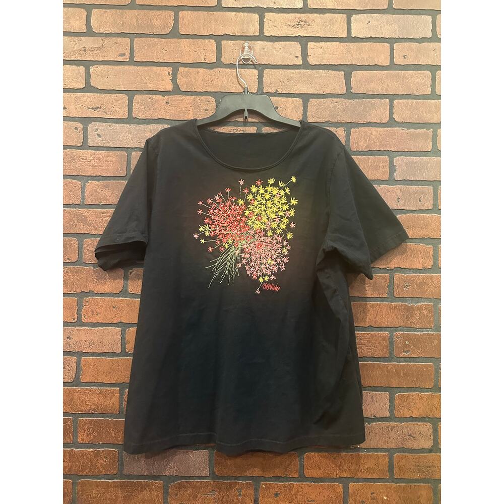 Bob Mackie Wearable Art Ladies Fit Shirt Sz XL Embroidered Flowers Black Vintage
